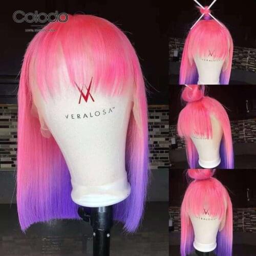 COLODO Pink Purple Ombre Lace Front Wigs Short Bob Wigs With Bangs Remy Human Hair Wigs Preplucked Transparent Lace wigs