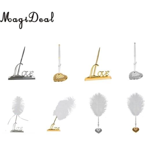 MagiDeal Wedding Party Guest Book Signing Pen Love Heart Feather Quill Sign Holder Table Decor