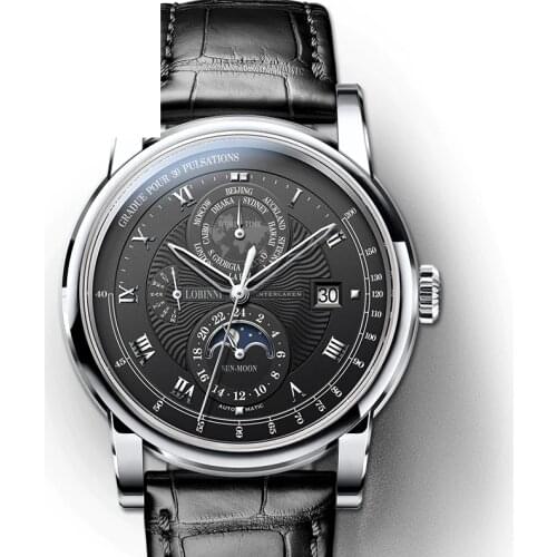 Switzerland LOBINNI Men Watch Business Automatic Mechanical Mens Wirstwatches Sapphire World Time relogio masculin L16003-6