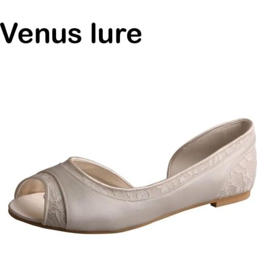 Wedops Lace and Satin Women Open Toe Flats for Wedding Ivory