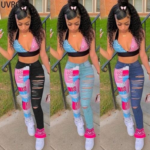 UVRCOS 2 Piece Set Women Matching Sets Summer 2021 Perlis Pattern Printing Hand Frayed Patchwork Pants+Halter Crop Bra Tracksuit