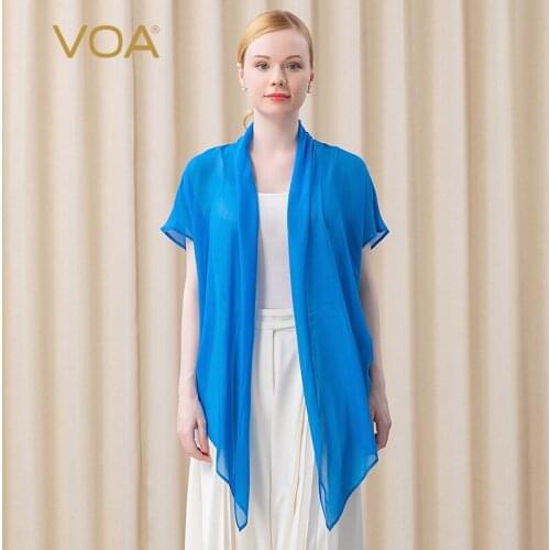 VOA 12m/m Silk Georgette Blue Monk Collar Short Sleeve Irregular Hem Elegant Sunscreen Cardigan Coat B3023 Sunscreen Cardigan