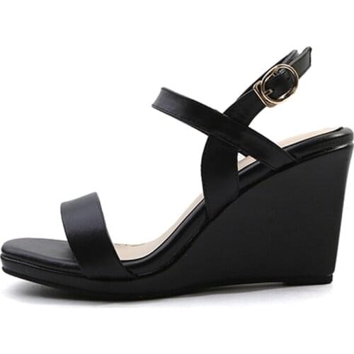 2021 Summer Fashion Women Open Toe Genuine leather Sandals High Wedge Concise black beige buckles strap Leisure women shoes