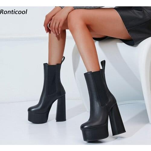 Ronticool New Women Winter Platform Ankle Boots Genuine Leather Hoof Heels Round Toe Party Dress Shoes Women Plus US Size 5-9.5