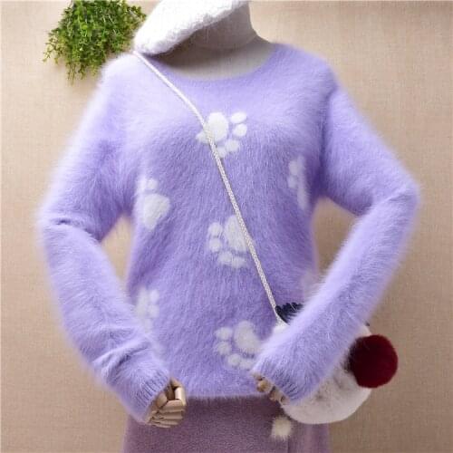 Ladies women fashion hairy cute claw marks printed Round neck slim bottoming blouses pullover angora rabbit fur pullover sweater