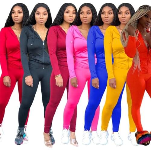 Adogirl Women Solid Two Piece Set Tracksuit Zipper Long Sleeve Hooded Sweatshirt Pencil Pants Female Sporting Suits