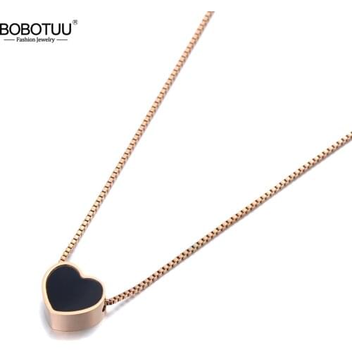 BOBOTUU Romantic White/Black Shell Love Heart Charm Pendant Necklace For Women Rose Gold Stainless Steel Choker Necklace BN19136