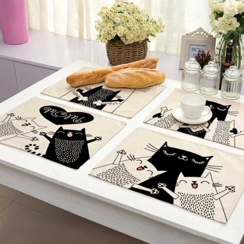 1Pcs Bkack Cat Pattern Cotton Linen Pad Dining Table Mats Coaster Bowl Cup Mat Pattern Kitchen Placemat Home Decor ML0016