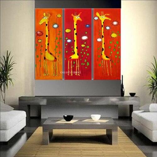3pcs/lot Hand Pianted Cute Giraffe Animal On Canvas Oil Painting For Children Room Wall Picture Art Home Decor Cartoon Picture