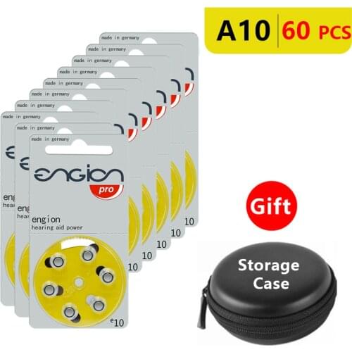 Hearing Aid Batteries Size 10 za Engion Pro,Pack of 60,Yellow Tab PR70 1.4V Type A10 e10 Zinc Air Battery with Storage Box