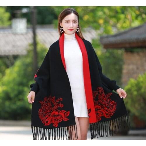 Brand winter scarf women female wool Black Red With sleeve cashmere coat cloak thickening double sided air dual-purpose shawl