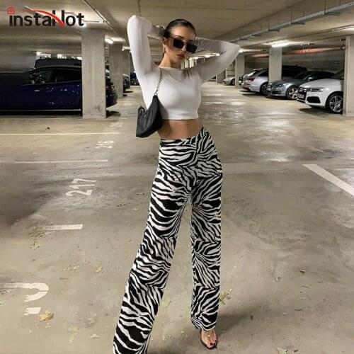 InstaHot Womens Flare Pant Animal Printed High Waist Autumn Streetwear Trousers 2020 Fashion Soft Female Striped Pantalones
