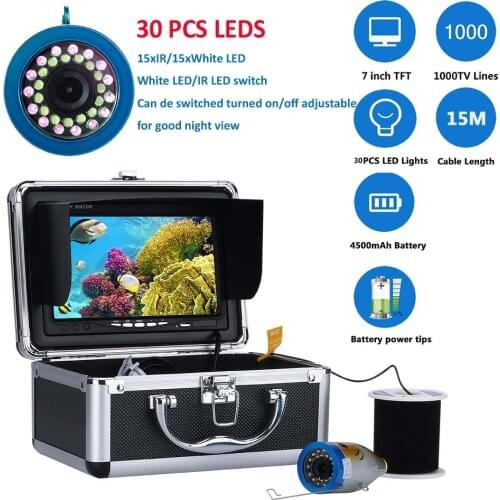 7" Inch 15M/30M/50M double lamp 1000TVL Fish Finder Underwater Fishing Camera 15pcs White LEDs + 15pcs Infrared Lamp