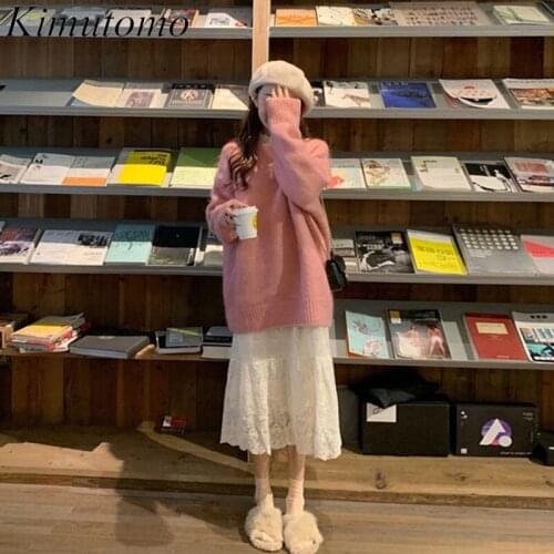 Kimutomo Women Sets 2021 Autumn Korean Temperament Ladies Gentle Lazy Wind Loose Knit Sweater Bottoming Lace Dress Two-Piece