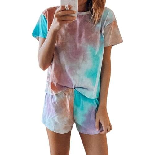 Hot Selling Women Tie Dye Printed Sleepwear Lounge Sleeve Pajama Set Night Shirt with Shorts