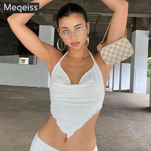 Meqeiss 2020 New White Sleeveless Sexy Halter Rhombus Crop Tops for Women Rave Festival Backless Lacing Cropped Feminino Tops