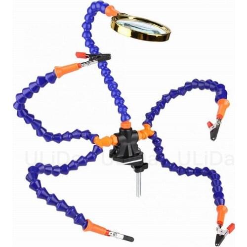 Multifunctional Soldering Station Third Hand Tool /w 5 Flexible Arms Holder / Fan Magnifier Flashlight for PCB Welding Repair