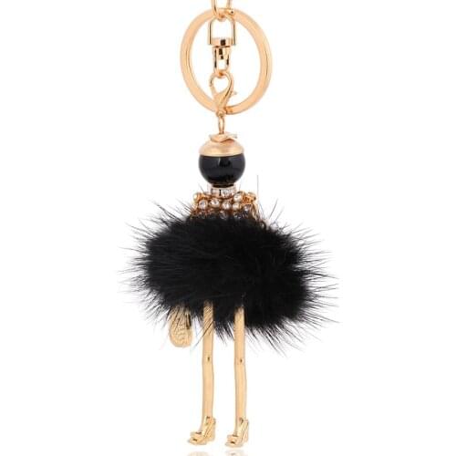 Fashion black bunny fluffy fur keychain rabbit key chain ring holder pom pom car pendant woman handbag bag keyrings jewelry