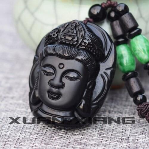 Men Necklace Pendants Black Obsidian Guanyin Bodhisattva Head Pendant Gift For Women Fine Buddha Beads Jewelry Free Rope
