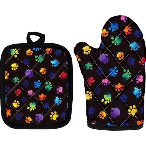 Fashion Cat Dog Paw Pattern Kitchen Pad and Glof Set Of 2 Cooking Microwave Baking BBQ Oven Potholders Oven Mitts Kitchen Gloves