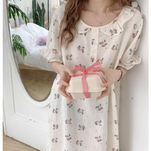 Retro Floral Summer Nightgown Women Kawaii Cotton Sleepwearr Short Sleeve Casual Homewear Ruffles O-Neck Korean Home Clothes