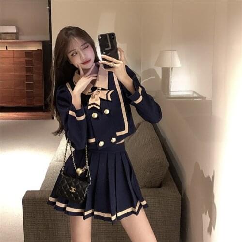 2021 New Suit Pleated Skirt Bow Fashion Two-piece Suit Spring Casual College Style Two-piece Suit Skirts Womens Plus Size Lolita