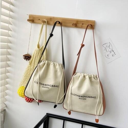 2021 New Women Canvas Shoulder Bag Leather Cotton Patchwork Design Bucket Bags Drawstring Handbag Tote Cloth Purse For Ladies