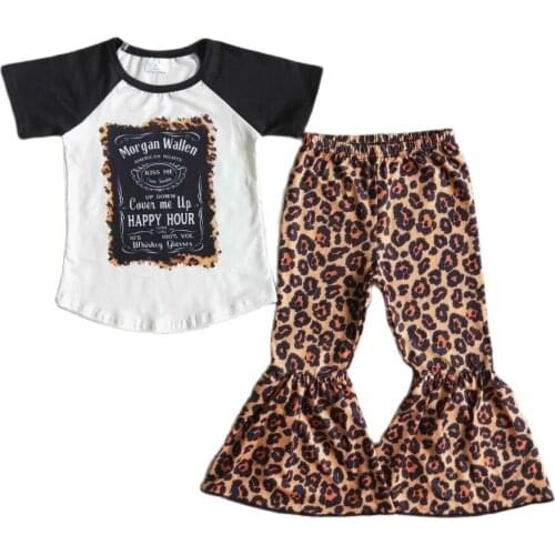 New Girls Clothing Outfits Short Sleeves Leopard Print Bell Bottom Pants 2 pcs Outfits Boutique Kid Clothing Set