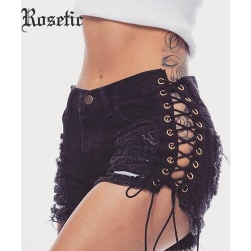 Rosetic Gothic Denim Shorts Bandage Black Hole Sexy Hot Fashion Summer Slim Ripped Jeans Short Pants Lacing Goth Casual Shorts