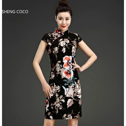 SHENG COCO Plus Size 5XL Flax Cotton Qipao Stretch Dresses Oriental Style Elastic Hemp Cheongsam Black Flower Print Fashion