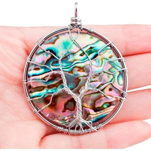 SUNYIK Natural Abalone Shell Round Shape Wire Wrapped Tree of Life Pendant Fit Necklace