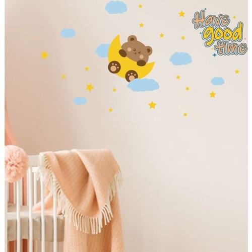 Vacclo Cartoon Bear Cloud Stars English Wall Stickers for Kids Room Bedroom Background Childrens Room Decoration Wall Decals