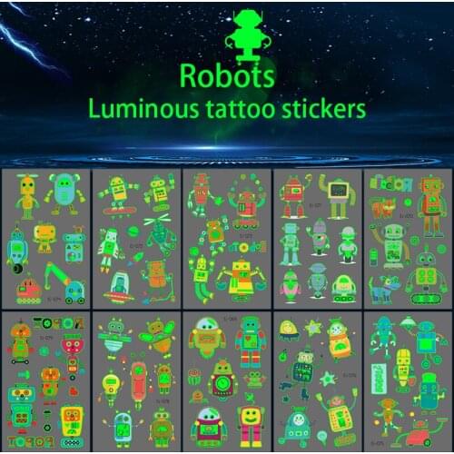 Waterproof Robot Luminous Tattoo Stickers Eco-friendly Cartoon Stickers Cute Temporary Tattoos Face Body for Child Fake Tattoos