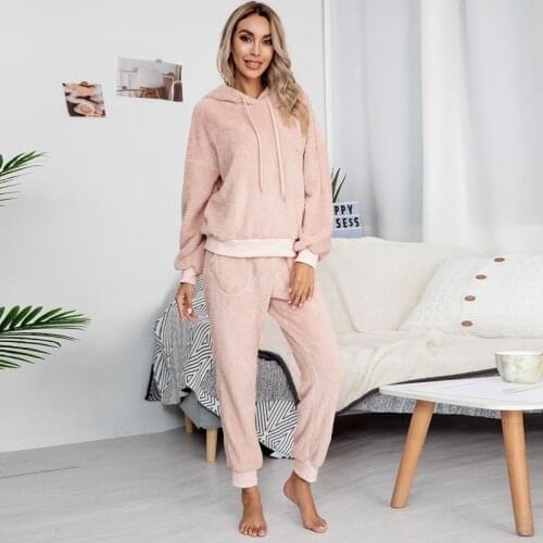Womens Autumn Fleece Outfits Pajamas Women Sleepwear 2 Pieces Set Pullover Hoodies And Long Pants Suit Solid Casual Ladies Set
