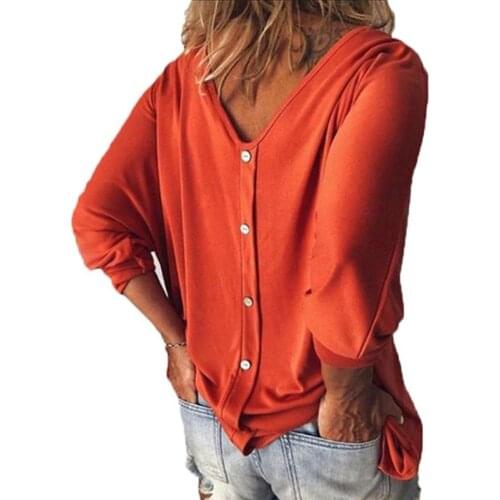 GAOKE Hot Sale Women Casual Backless Three Quarter Sleeve TShirt Autumn Casual Loose V-neck Tops Tees Black Open Back T Shirt