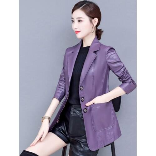 2019 High quality large size Haining artificial leather leather womens suit jacket slim slimming wild leather jacket small suit
