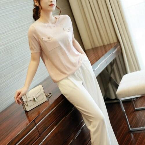 Korean Style Knitted T Shirt Women Fashion Casual Short Sleeve Pocket Black Pink Tshirts Chemise Femme Tops Mujer Verano 2020