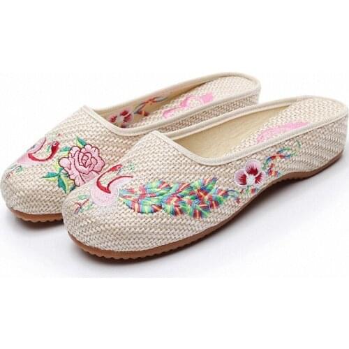 YourSeason Crane Embroidered Ladies Linen Cotton Close Toe Slip On Shoes Retro Chinese Women Comfort Flat Slide Slippers Beige