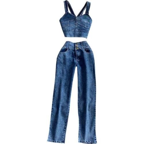 2021summer casual strap denim tops+high waist skniiy jeans women two piece sets