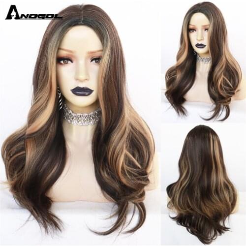 Anogol Black Mix Brown Synthetic Wigs Middle Part Wavy Wigs for Women Trendy Daily Party Wigs Heat Resistant