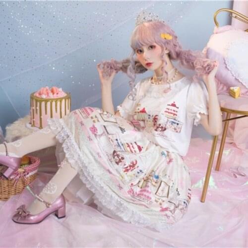 Sweet Womens Lolita 2 Pcs Set: White T-Shirt Tee + Cute Printing SK Skirt Lace BowsTrim Summer Skirt