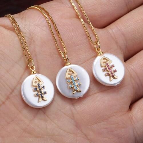 Navy blue white purple red cz pave fish bone charm coin pearl bead pendant choker necklace for women dainty daily jewelry gift