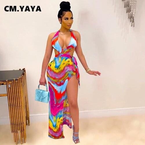 CM.YAYA Women Tie Dye Halter Neck Open Back Maxi Dress Beach High Side Slit Sleeveless Bodycon Midi Long Dresses Sexy Night