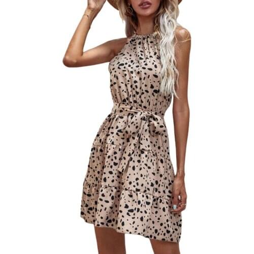 Summer Turtleneck Print Casual Dress Womens Bow Dress Open Back Neck Sexy Slim Spot Sleeveless Beach Dress