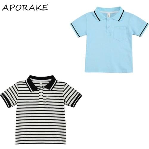 2021 1-6Y Toddler Boys Summer Casual Shirt Baby Stripe Print/Solid Color Short Sleeve Lapel Button Down T-shirt with Pocket