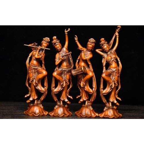 7" China Collection Old Boxwood The four ancient beauties statue Shih Tzu Wang Zhaojun Diao Chan Yang Yuhuan Shen Yuluoyan