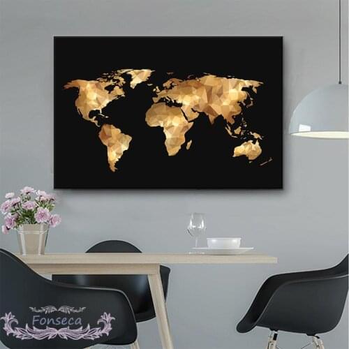 Black Gold World Map Canvas Painting Scandinavian Vintage Posters and Prints Wall Art Picture for Living Room Bedroom Decor