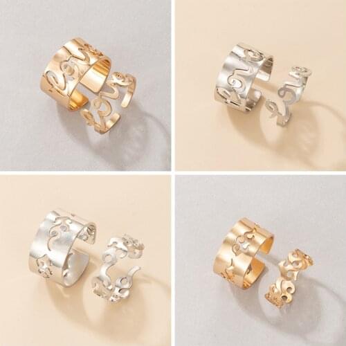 Docona Bohe Letter Flame Open Couple Rings for Women Men Charms Geometric Hollow Metal Ring Set Wedding Statement Jewelry Anillo