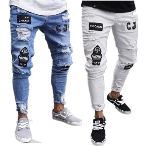 Mens Broken Ripped Embroidered Pencil Skinny Jeans Men Trousers Casual Thin Denim Pants Classic Cowboys Young Man Jogging Pants