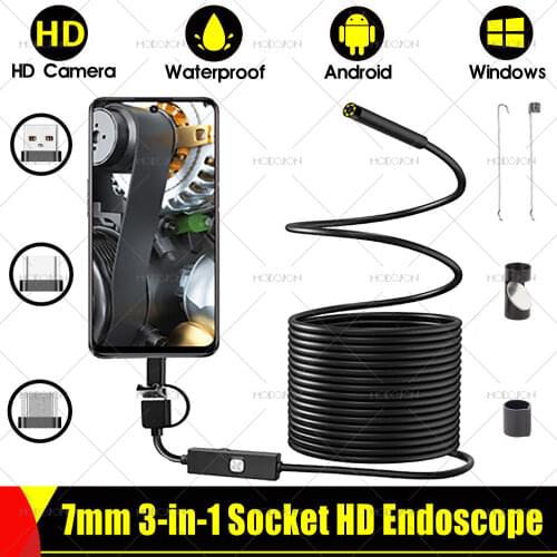 7mm HD Endoscope Camera USB Micro USB Type-c Waterproof Zoomable Car Pipe Inspection Borescope Soft Hard Flexible Tube Endoscope